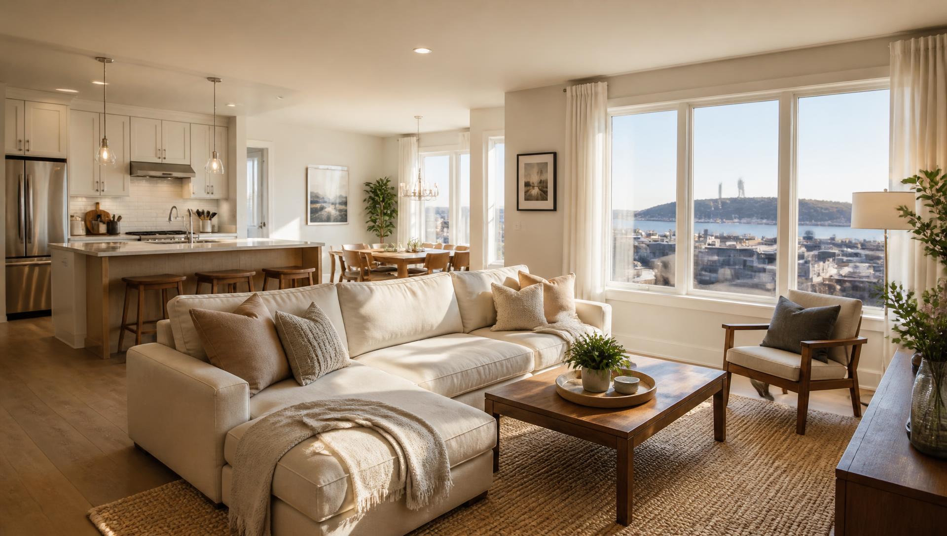 Bright, modern living room staged for real estate photography